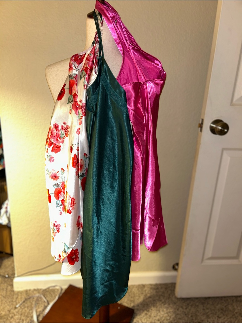 Set of 3 Large Satin Slip Dresses - Fuchsia, Emerald & Floral